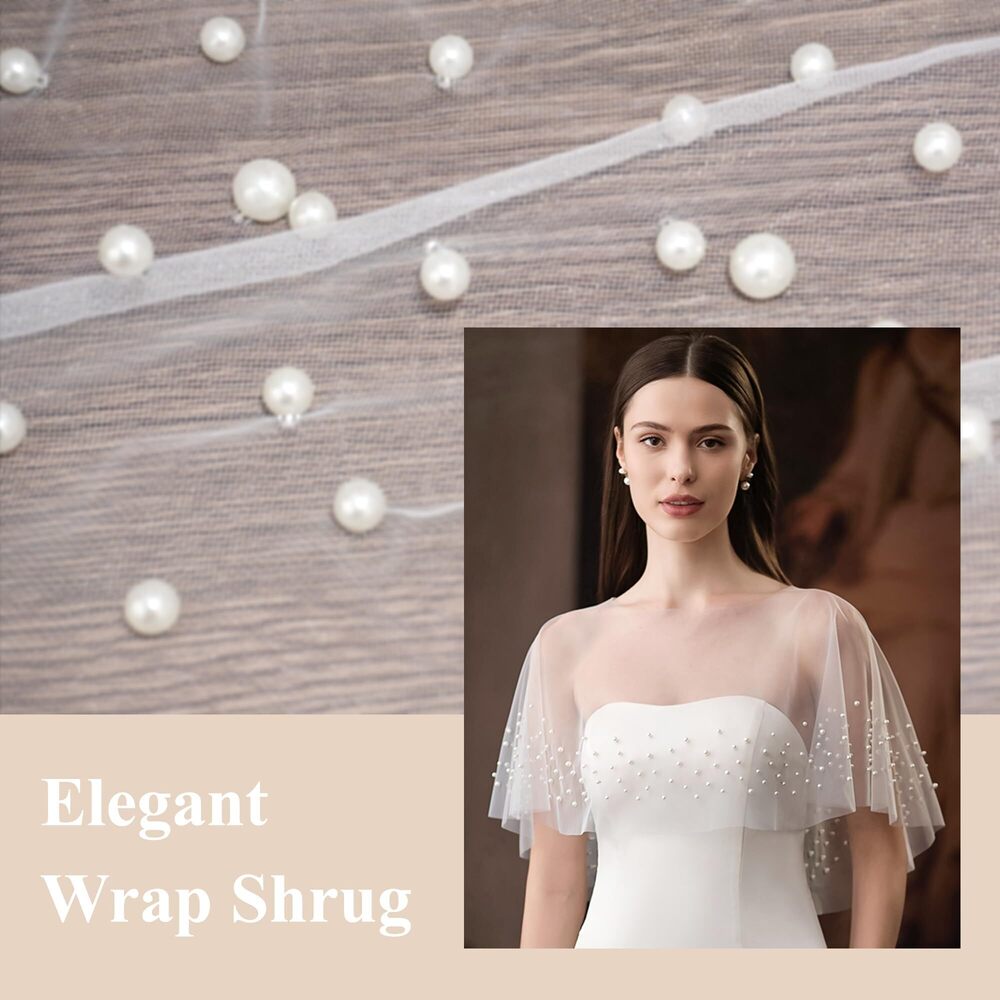 5764 Pearl Wedding Shawl White Wrap Shrug Bridal Cape Sheer Tulle - Picture 3 of 7